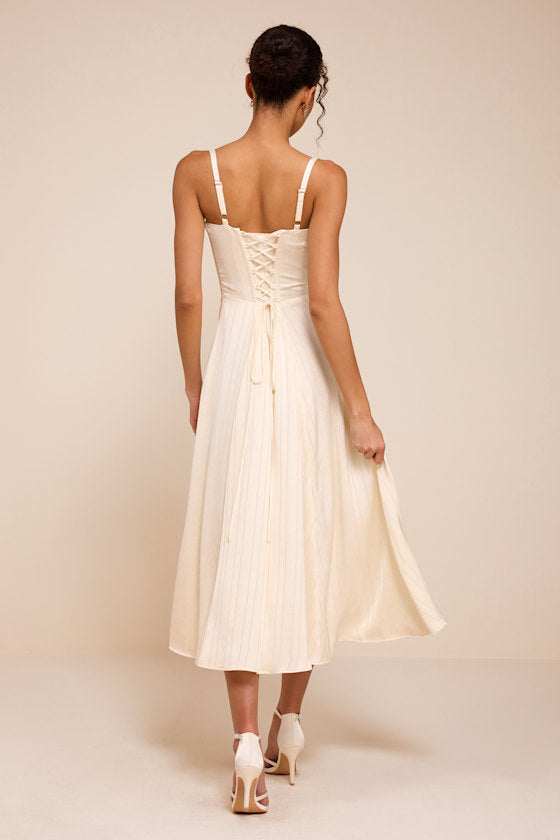 Adlynn Ivory Striped Satin Bustier Midi Dress