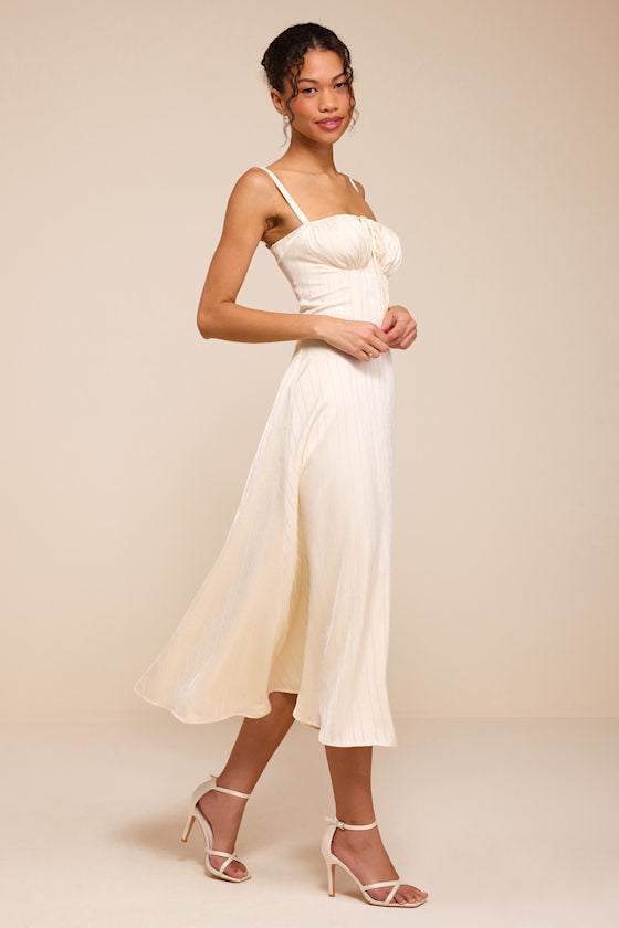Adlynn Ivory Striped Satin Bustier Midi Dress