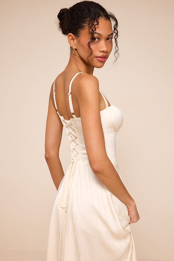 Adlynn Ivory Striped Satin Bustier Midi Dress