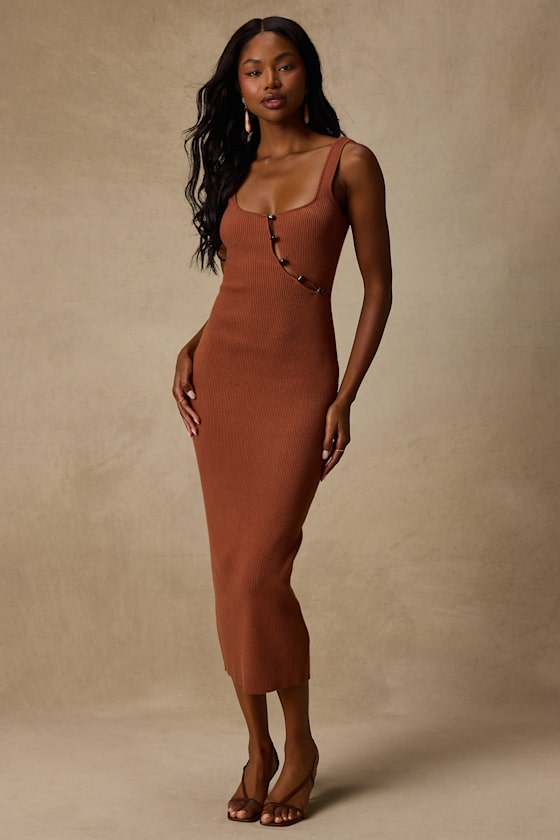 Clairo Light Brown Ribbed Knit Cutout Midi Dress