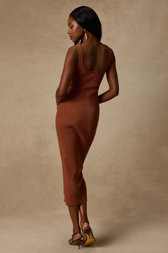 Clairo Light Brown Ribbed Knit Cutout Midi Dress