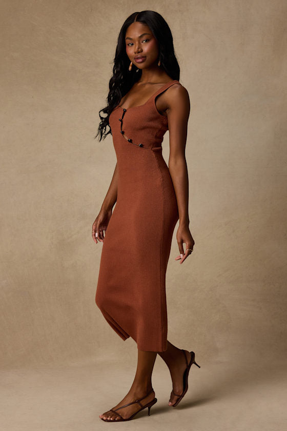 Clairo Light Brown Ribbed Knit Cutout Midi Dress