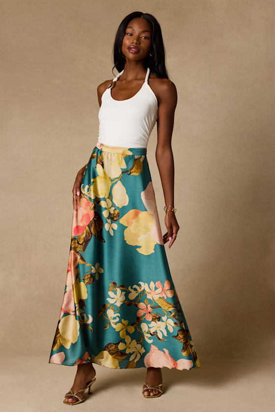 Micah Teal Multi Floral Satin Maxi Skirt