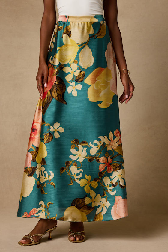Micah Teal Multi Floral Satin Maxi Skirt
