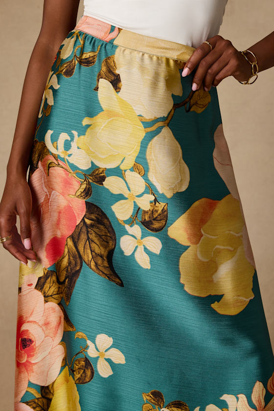 Micah Teal Multi Floral Satin Maxi Skirt
