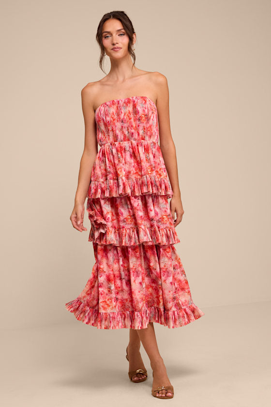 Lou Pink Multi Floral Tiered Midi Dress