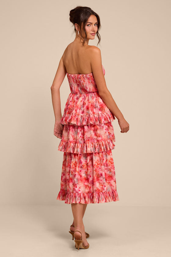 Lou Pink Multi Floral Tiered Midi Dress