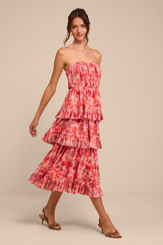 Lou Pink Multi Floral Tiered Midi Dress