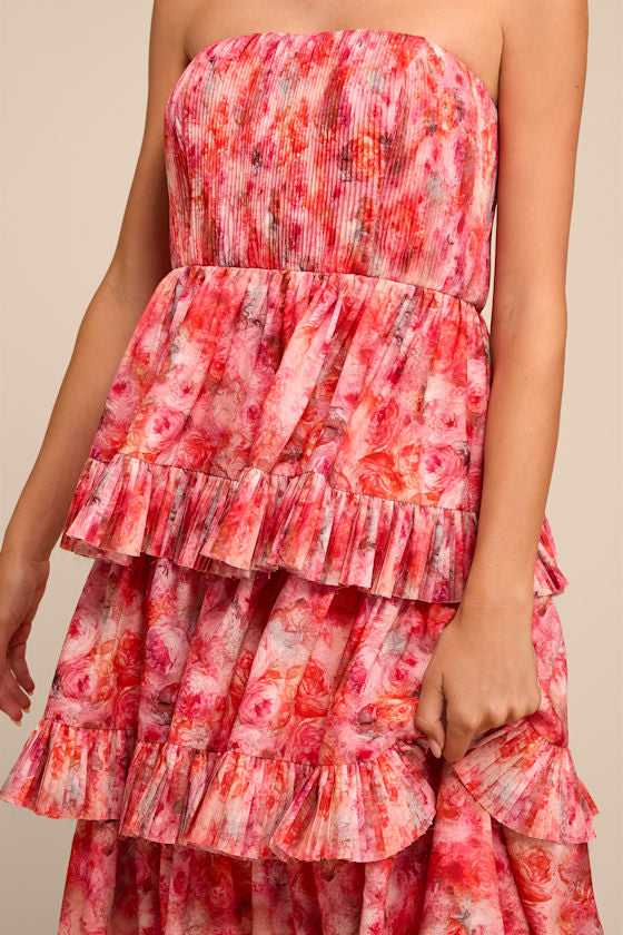 Lou Pink Multi Floral Tiered Midi Dress