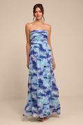Mykala Blue Abstract Pleated Strapless Maxi Dress