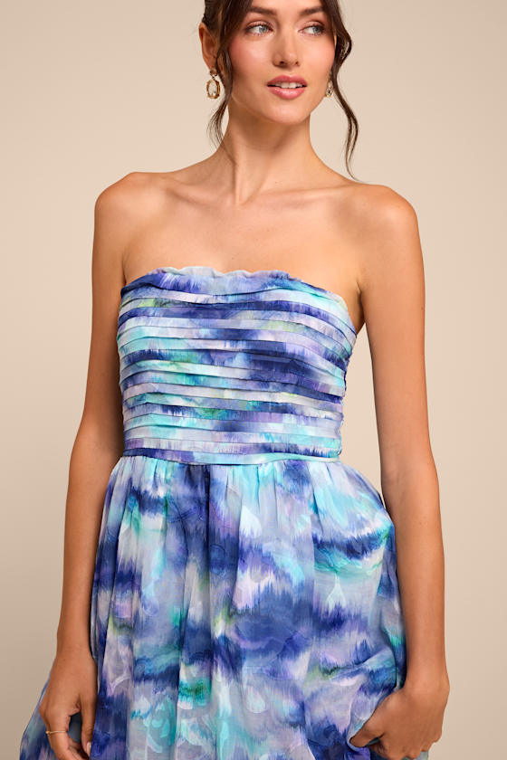 Mykala Blue Abstract Pleated Strapless Maxi Dress