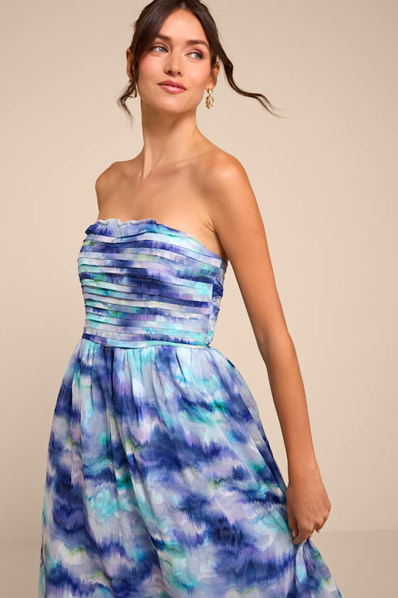 Mykala Blue Abstract Pleated Strapless Maxi Dress