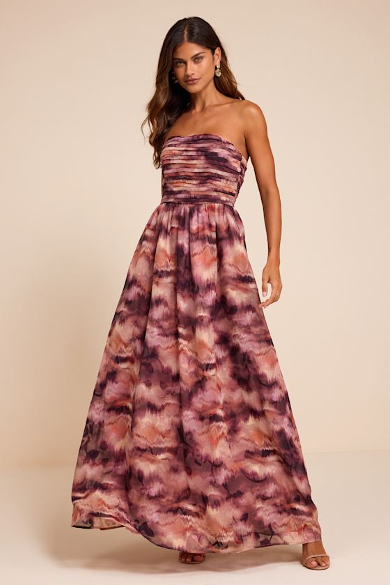 Mykala Mauve Abstract Pleated Strapless Maxi Dress