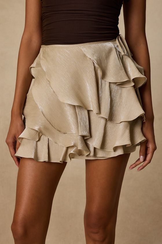 Lois Champagne Lurex Ruffled Mini Skirt