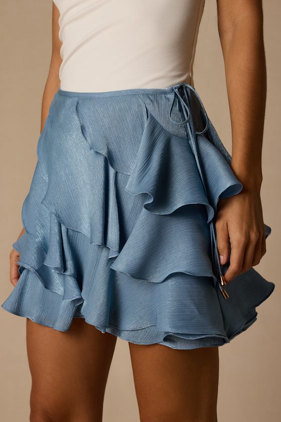 Lois Light Blue Lurex Ruffled Mini Skirt