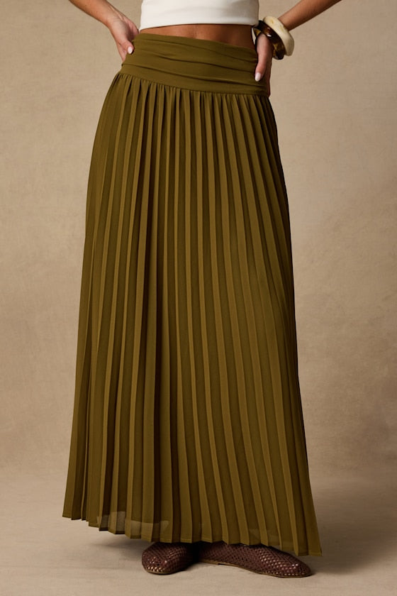 Liada Olive Pleated High-Waisted Maxi Skirt