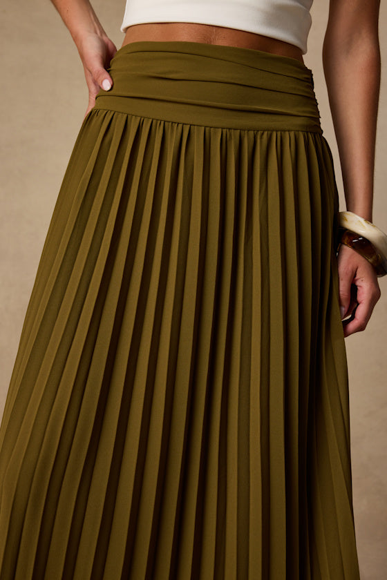 Liada Olive Pleated High-Waisted Maxi Skirt
