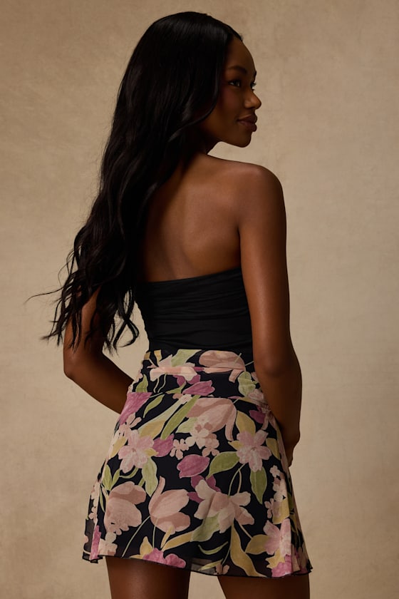 Bayla Black Multi Floral Ruffled Mini Skirt