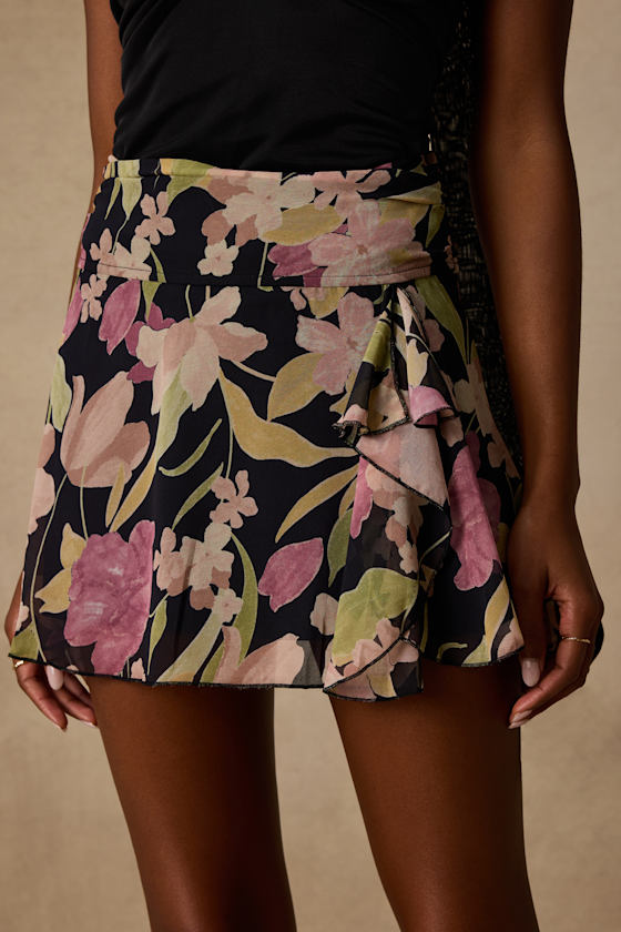 Bayla Black Multi Floral Ruffled Mini Skirt