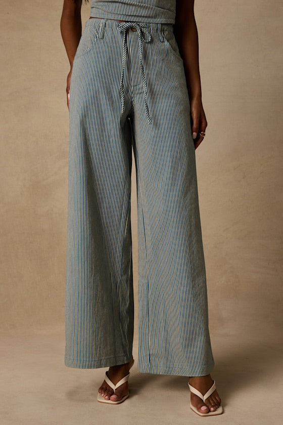 Ruby Blue Striped Cotton Wide-Leg Pants