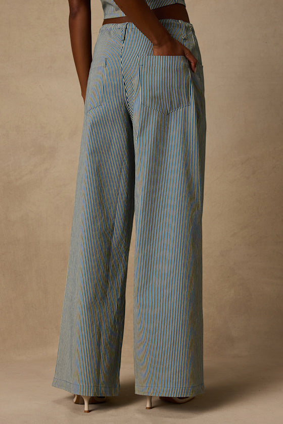 Ruby Blue Striped Cotton Wide-Leg Pants