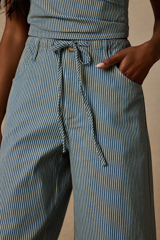 Ruby Blue Striped Cotton Wide-Leg Pants