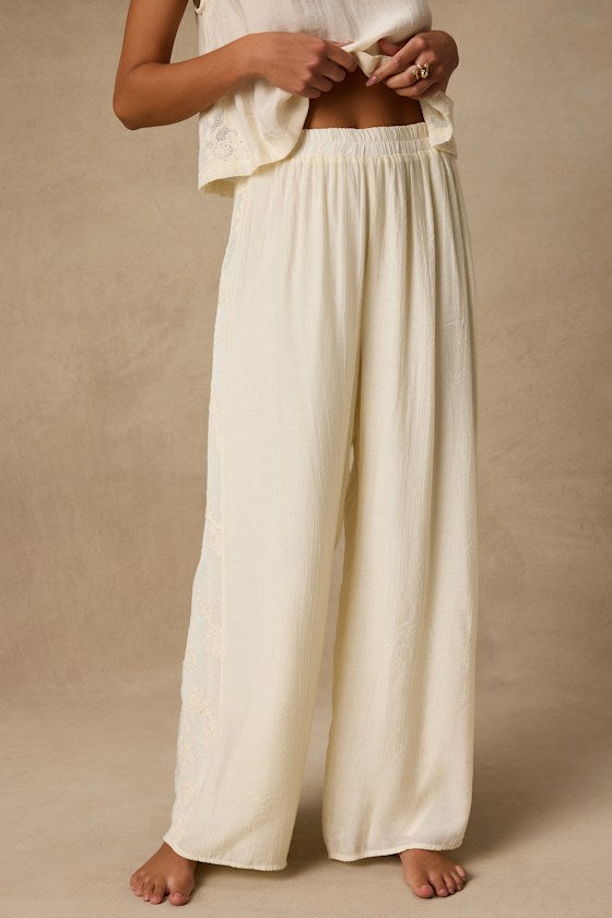 June Cream Crochet Lace Wide-Leg Pants