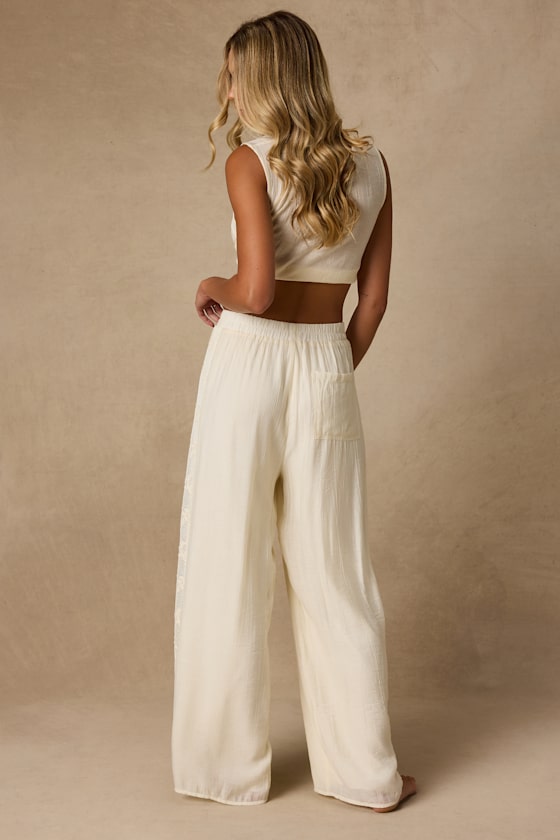 June Cream Crochet Lace Wide-Leg Pants