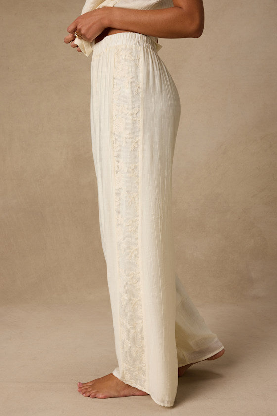 June Cream Crochet Lace Wide-Leg Pants