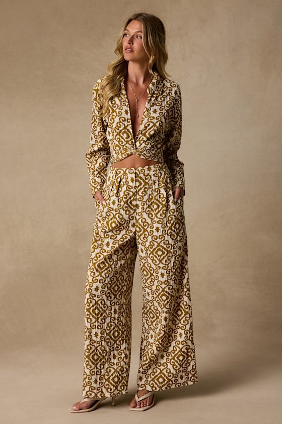 Cove Ivory and Tan Boho Print Wide-Leg Trousers