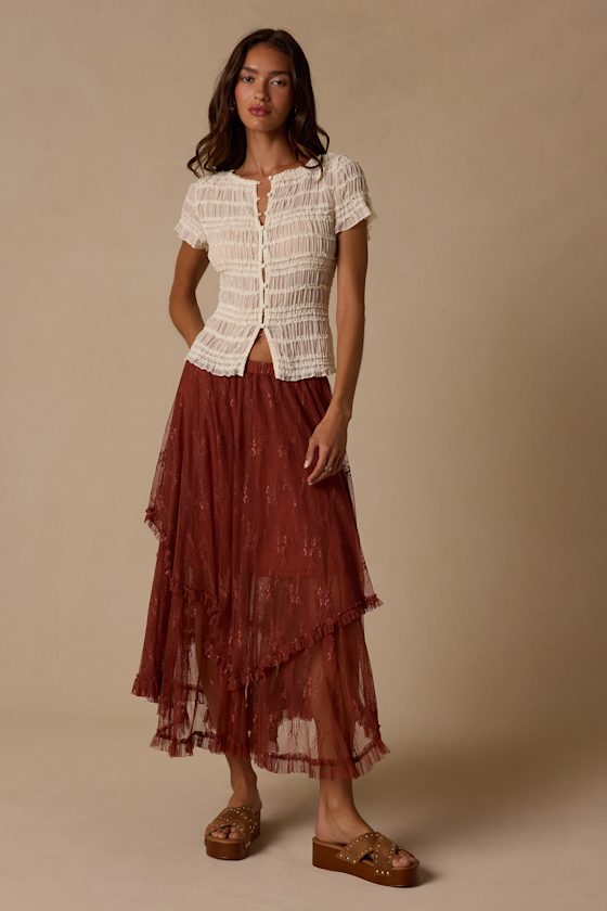 Briony Brown Lace Ruffled Midi Skirt