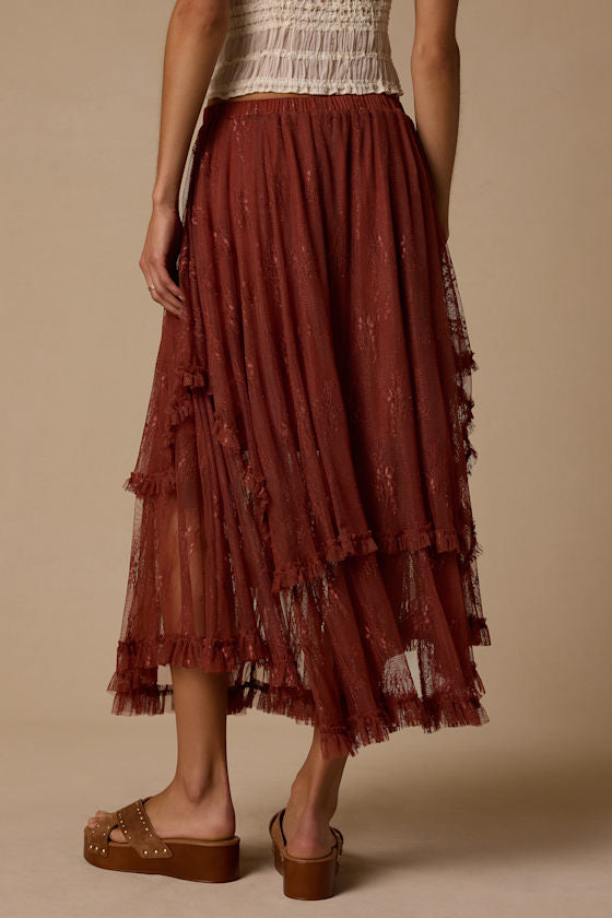 Briony Brown Lace Ruffled Midi Skirt