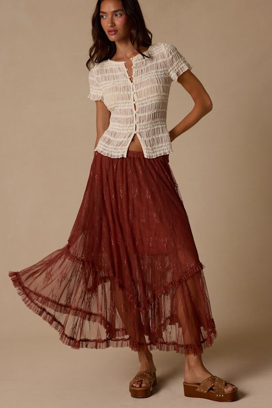 Briony Brown Lace Ruffled Midi Skirt