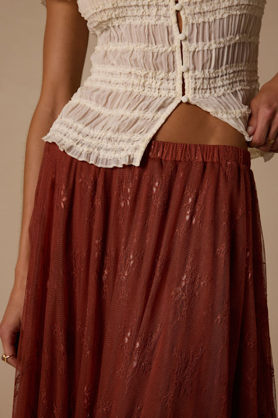 Briony Brown Lace Ruffled Midi Skirt