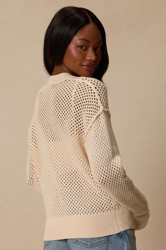 Bea Cream Pierced Knit Zip-Up Sweater