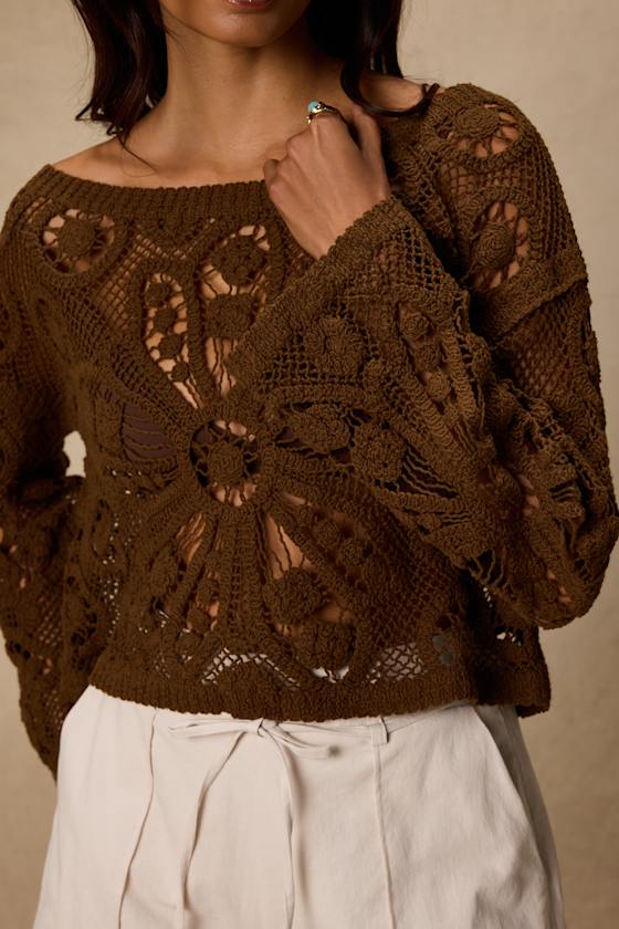 Martinez Brown Sheer Crochet Pullover Sweater