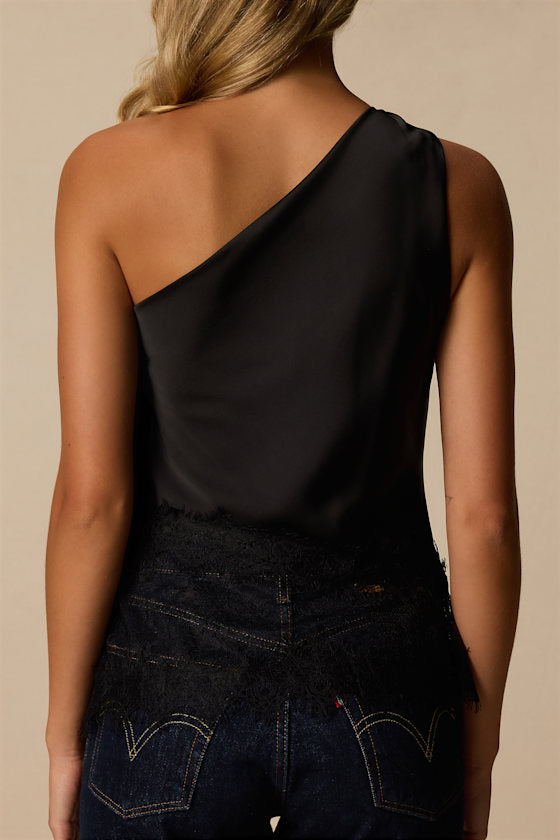 Aris Black Satin Lace One-Shoulder Top