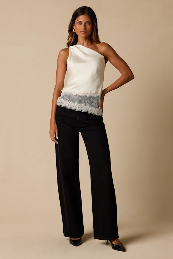 Aris Ivory Satin Lace One-Shoulder Top