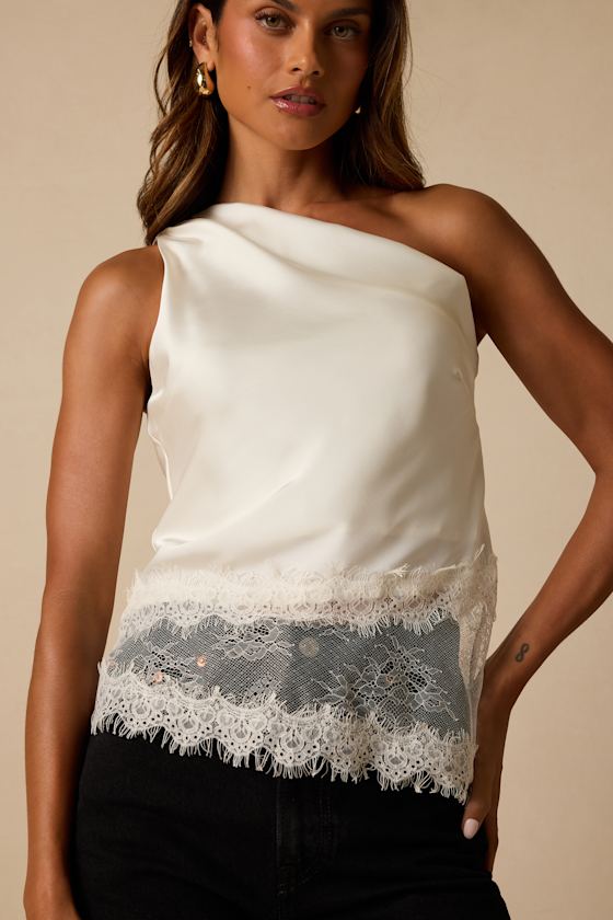 Aris Ivory Satin Lace One-Shoulder Top