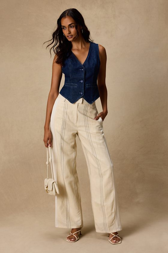 Kara Cream Striped Wide-Leg Pants