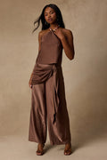 Clarice Brown Metallic Sash Wide-Leg Pants