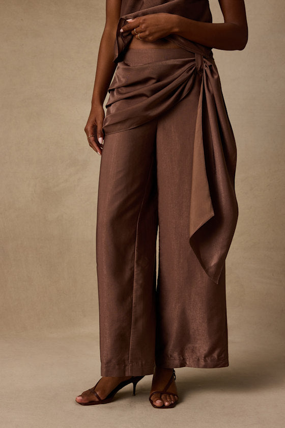 Clarice Brown Metallic Sash Wide-Leg Pants