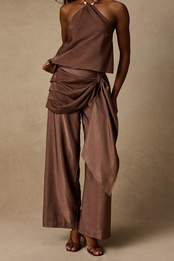 Clarice Brown Metallic Sash Wide-Leg Pants