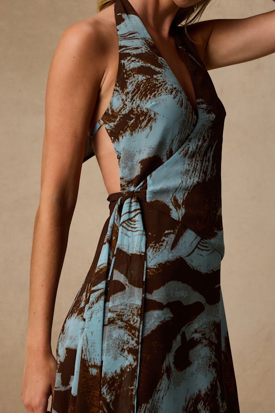 Liyana Brown and Blue Abstract Print Halter Midi Dress