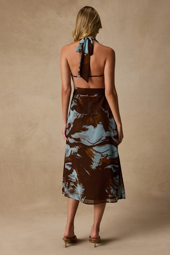 Liyana Brown and Blue Abstract Print Halter Midi Dress