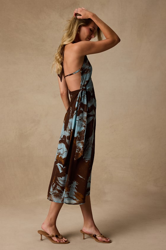 Liyana Brown and Blue Abstract Print Halter Midi Dress