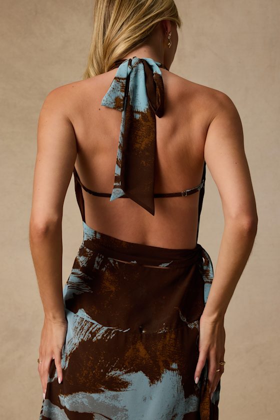 Liyana Brown and Blue Abstract Print Halter Midi Dress