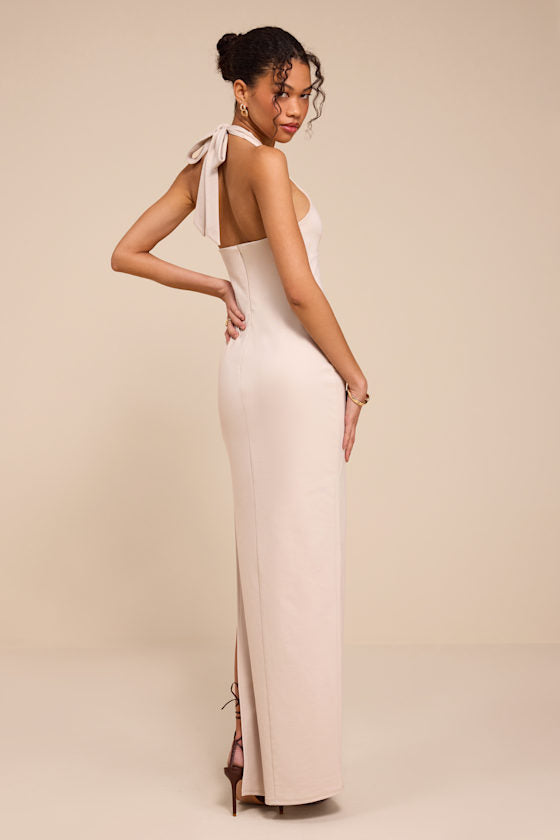 Ellisyn Ivory Ponte Knit Halter Maxi Dress