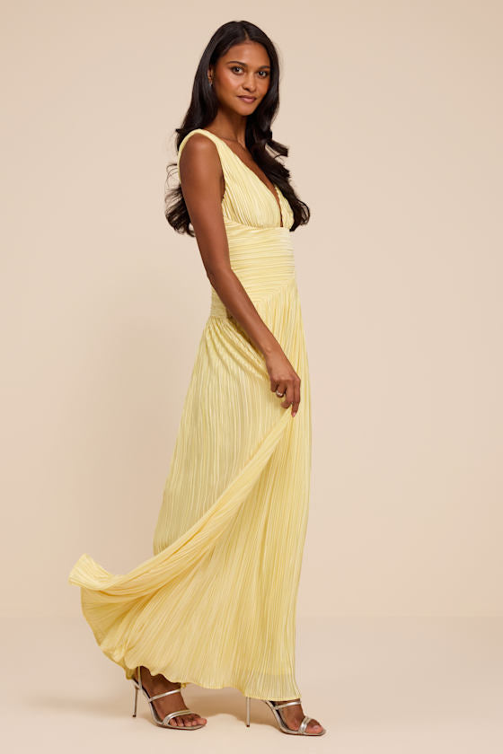Evaluna Light Yellow Plisse Maxi Dress