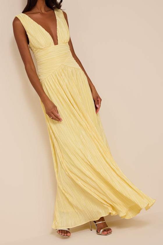 Evaluna Light Yellow Plisse Maxi Dress